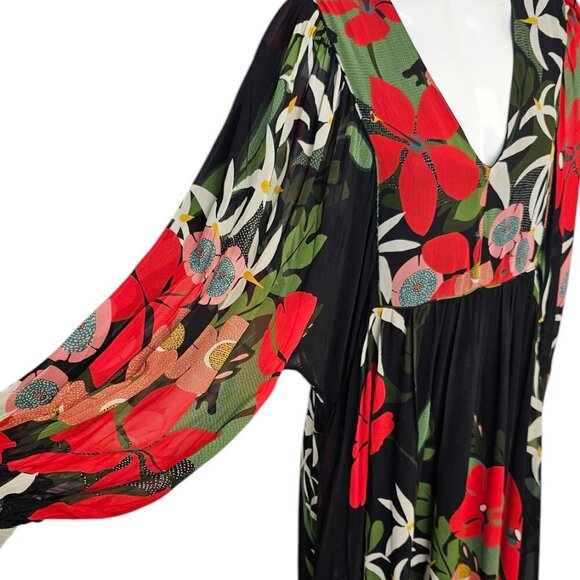 Farm Rio x Anthropologie Long-Sleeve V-Neck Floral Maxi Dress Size Medium, NWT - Picture 5 of 11